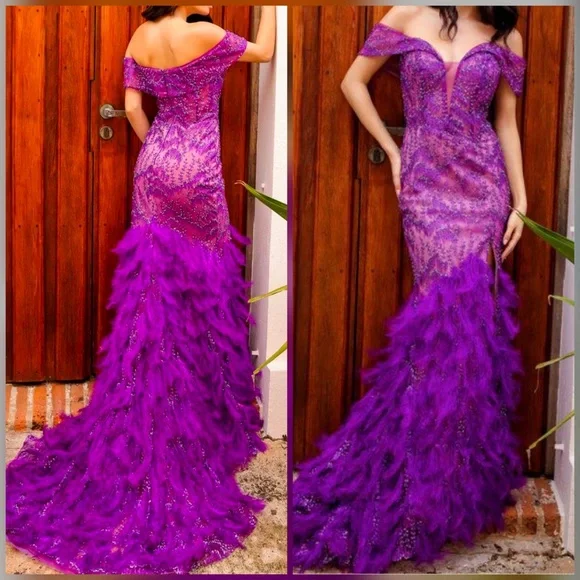 NWT sparkly feather purple mermaid prom dress - Picture 3 of 3
